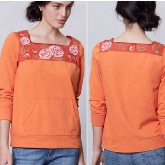 Anthropologie Lilka Rosey Orange Embroidered Square Neck Sweatshirt Size Small - Picture 1 of 6